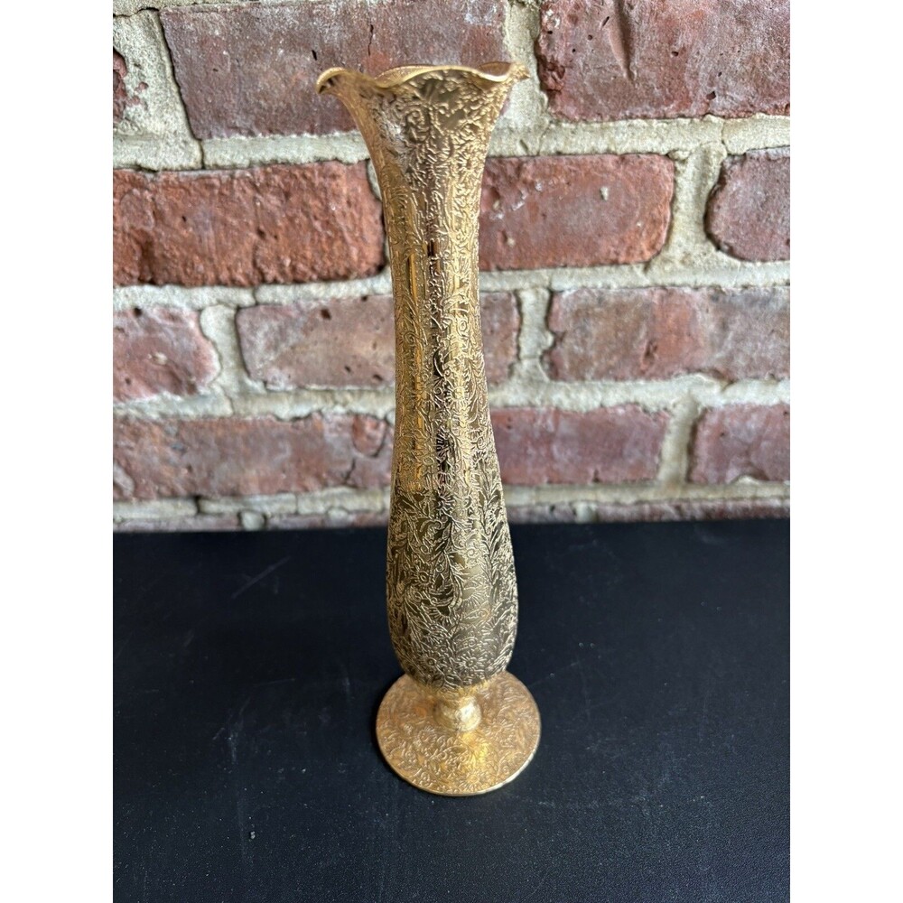 Lotus Glass Vase With 22 Karat Gold Overlay 10” Tall